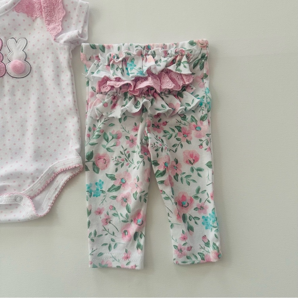 Baby Essentials 3 Months Girl Easter Bunny Tail Floral Bodysuit Pant Set Outfit - Picture 2 of 6
